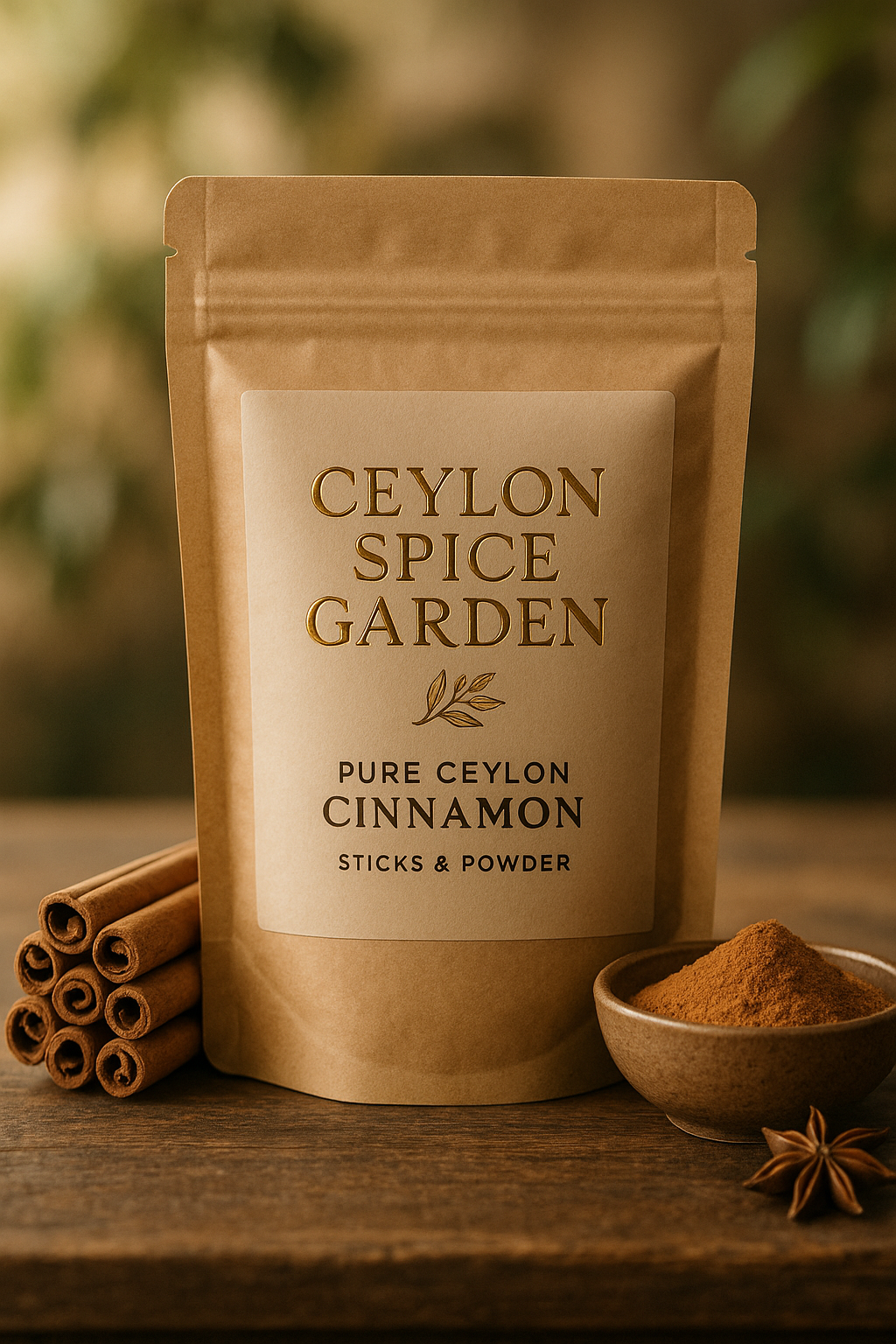 Ceylon Spice Garden packaging with cinnamon sticks and powder on a wooden surface