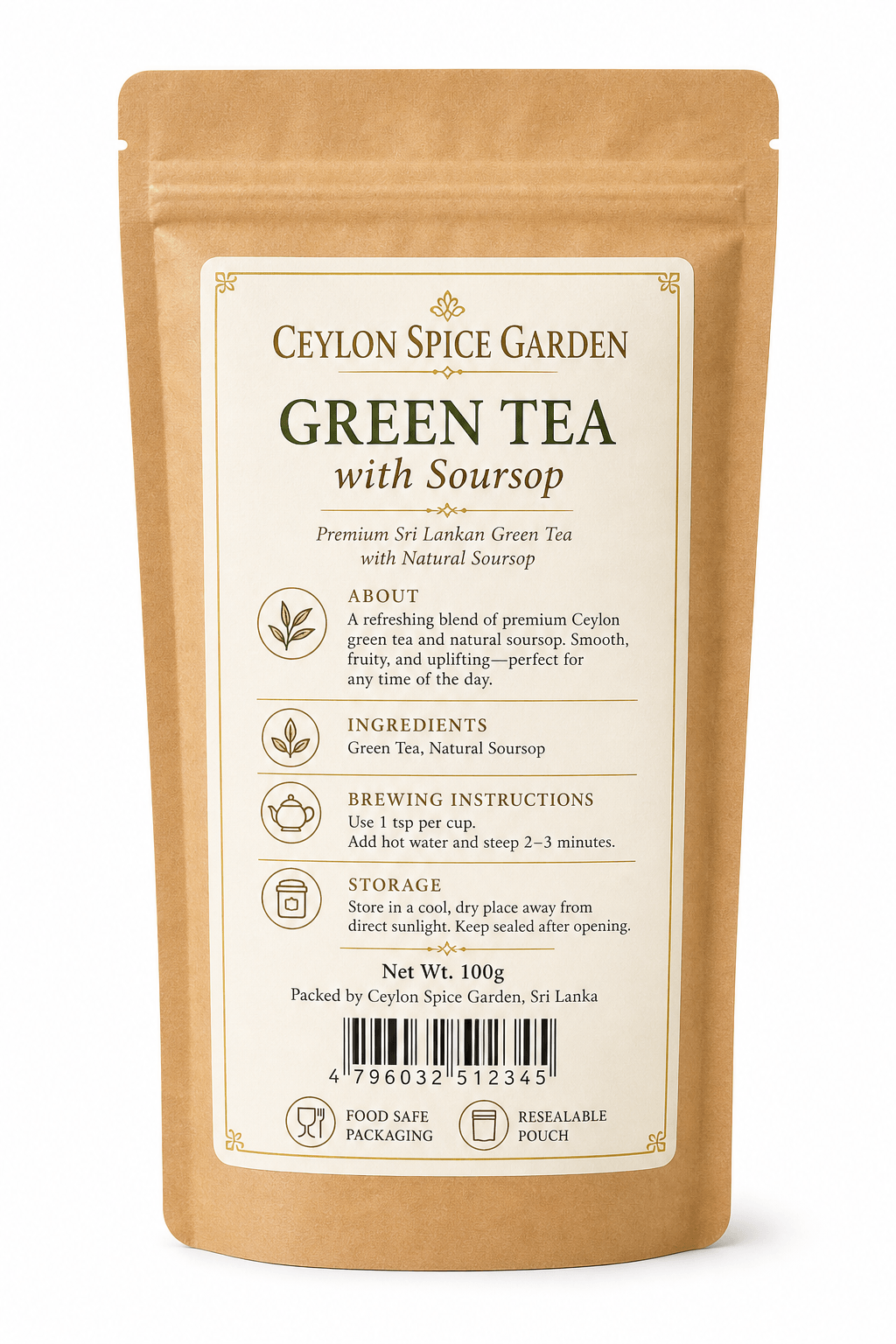 Back view of Ceylon Green Tea with Soursop Leaves herbal tea package showing brewing instructions, ingredients, and barcode