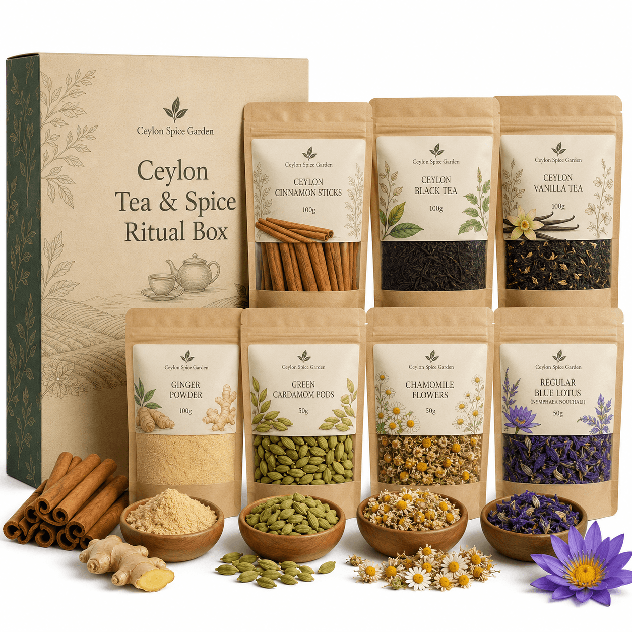 Ceylon Tea & Spice Ritual Box with 7 Sri Lankan organic spice and tea products in kraft paper pouches, including cinnamon sticks, black tea, vanilla tea, ginger powder, green cardamom pods, chamomile flowers, and blue lotus, displayed with fresh ingredients and dried herbs.