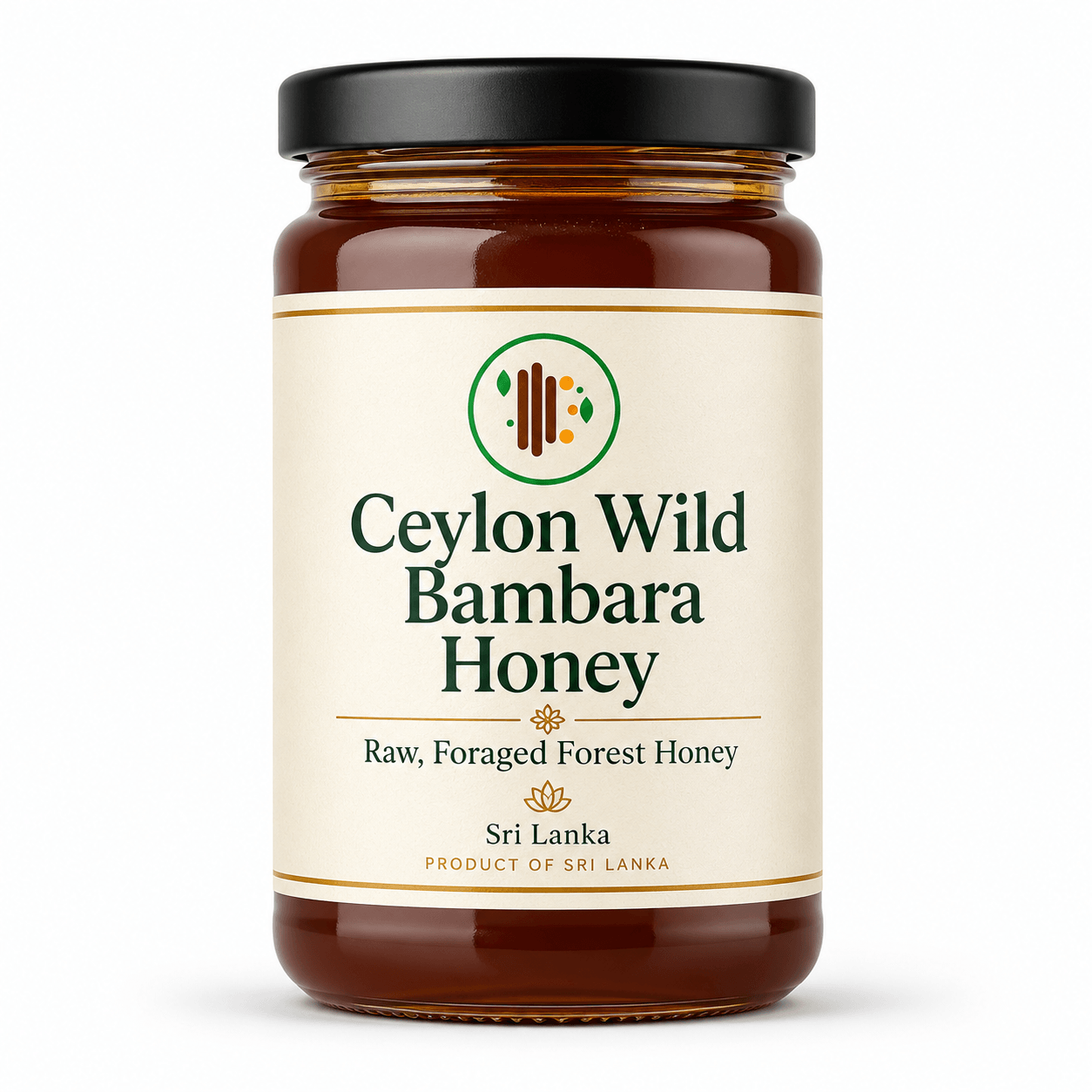 Amber glass jar of raw foraged Bambara honey from Sri Lanka with a cream label featuring green and gold accents, black lid