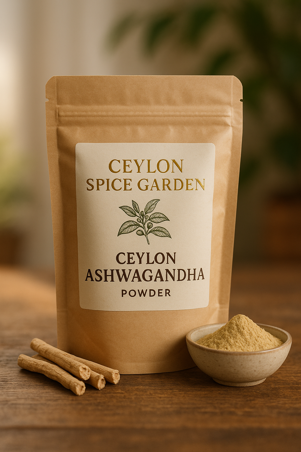 Ceylon Spice Garden Ceylon Ashwagandha powder package on a wooden surface with ashwagandha root and powder.