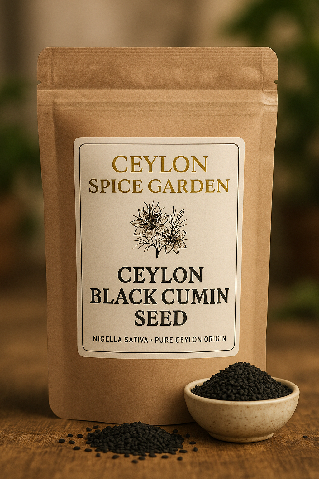 Kraft paper packaging of Ceylon Black Cumin Seed with a label on a wooden surface.