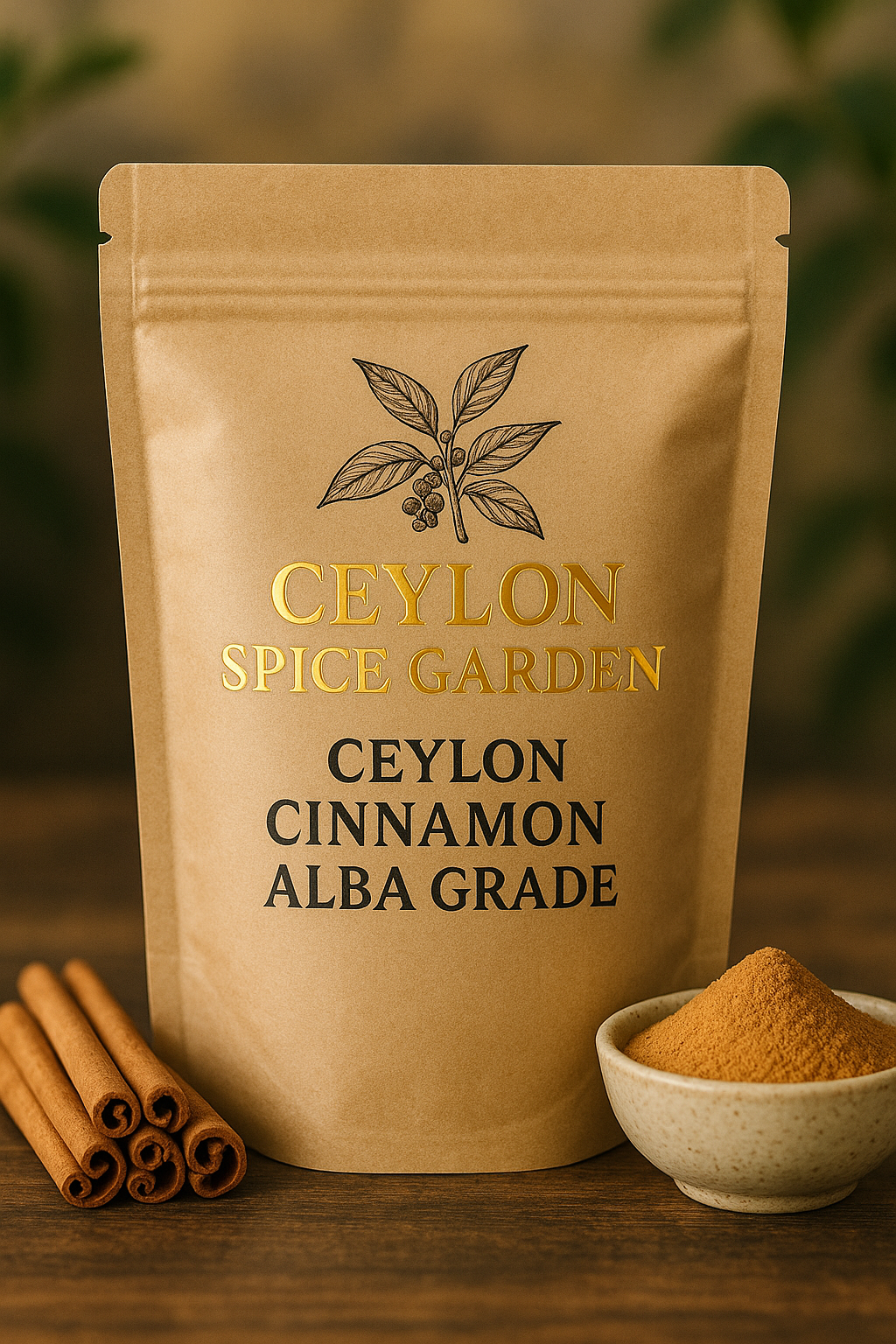 Ceylon Cinnamon Alba Grade package from Ceylon Spice Garden with cinnamon sticks and powder on a wooden surface.