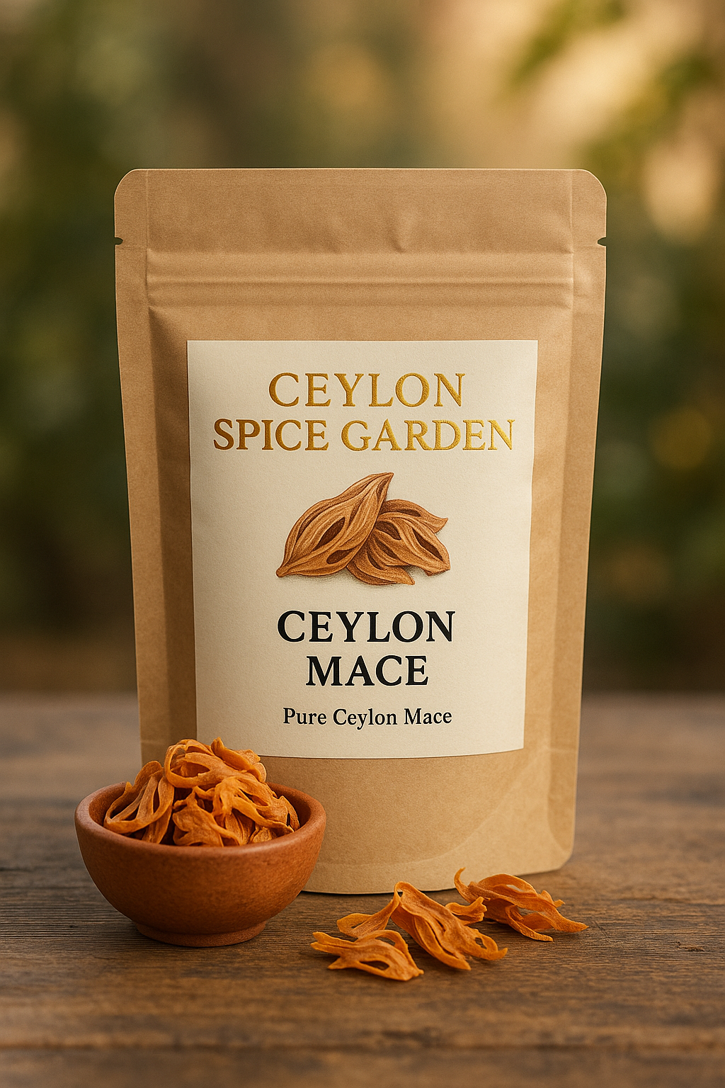 Ceylon Spice Garden Ceylon Mace packaging with mace seeds on a wooden surface