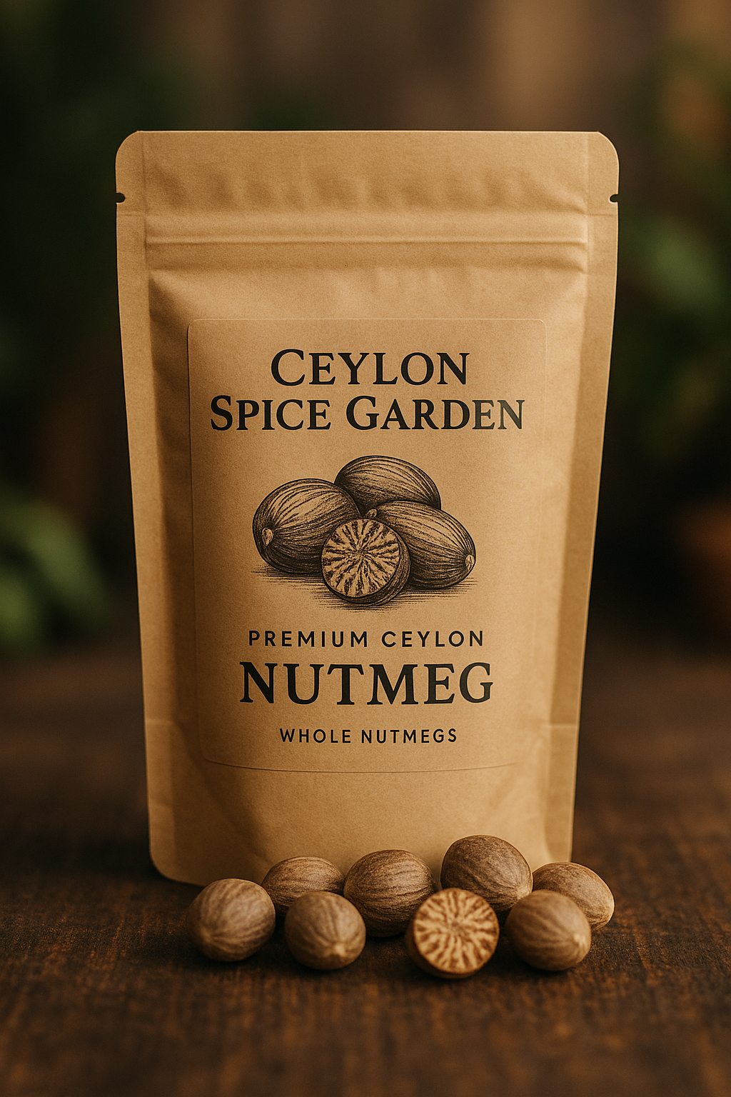 Ceylon Spice Garden nutmeg packaging with whole nutmegs on a wooden surface