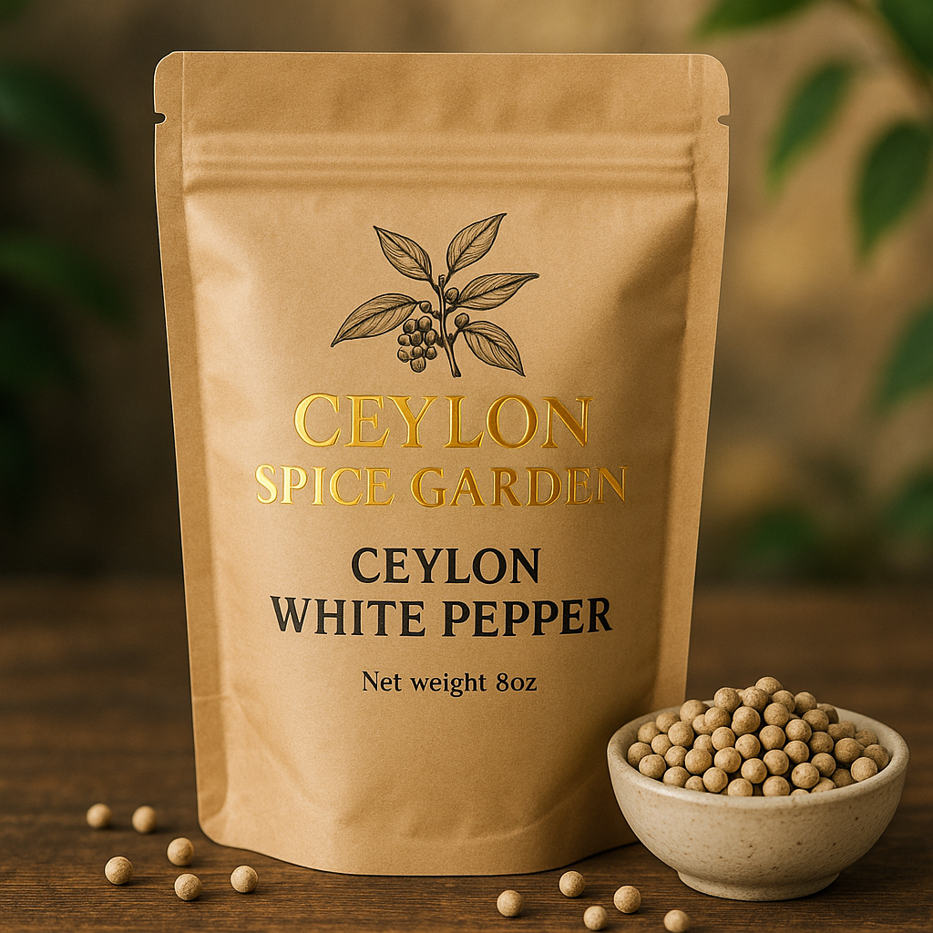 Kraft paper packaging of Ceylon White Pepper from Ceylon Spice Garden on a wooden surface with white pepper.