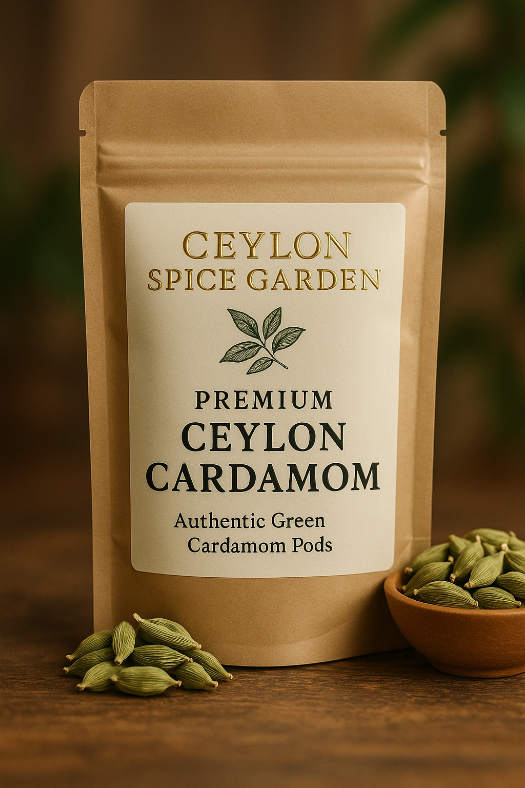 Ceylon Spice Garden premium Ceylon cardamom packaging with cardamom pods on a wooden surface.