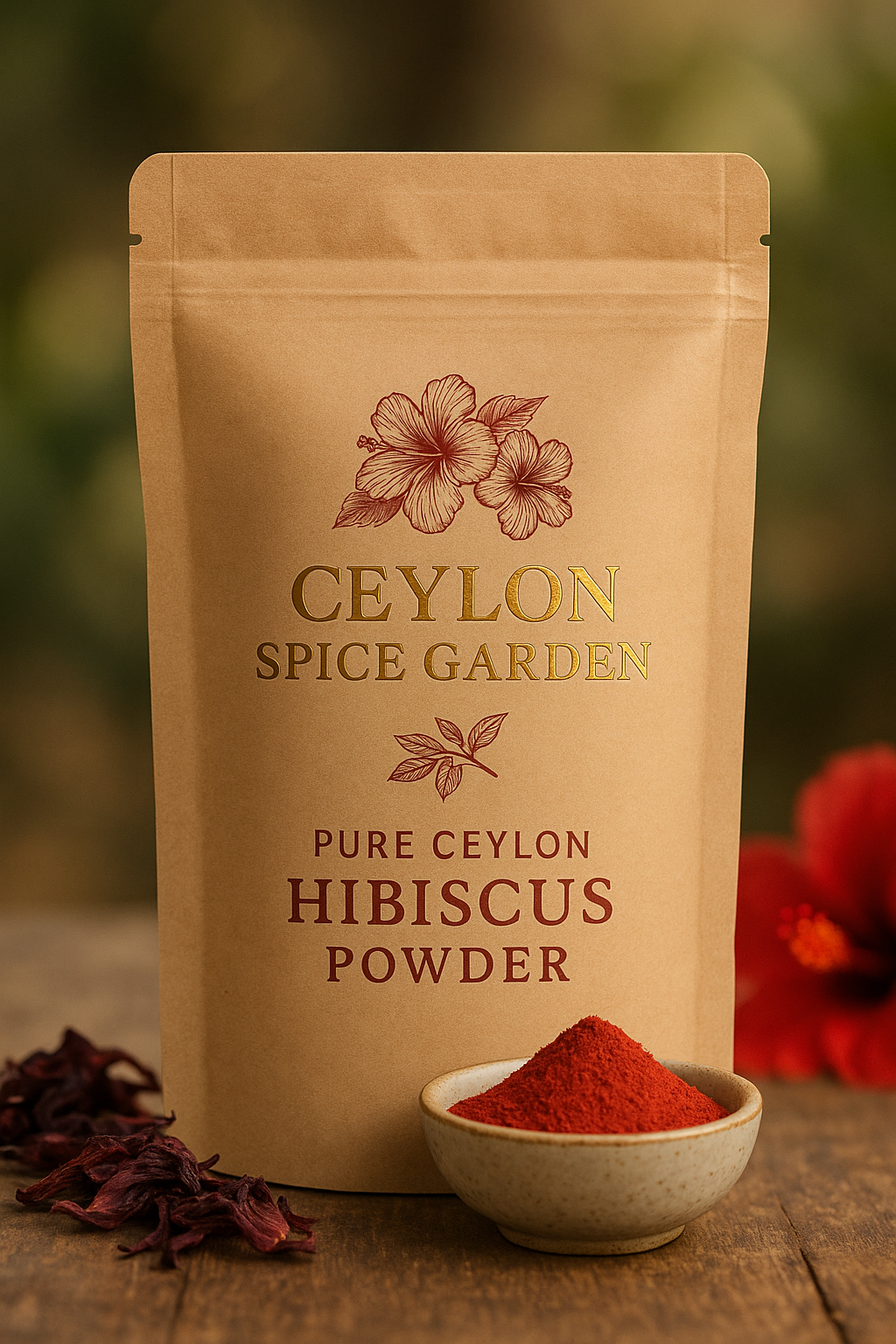 Ceylon Spice Garden pure Ceylon hibiscus powder packaging with a small bowl of powder on a wooden surface.