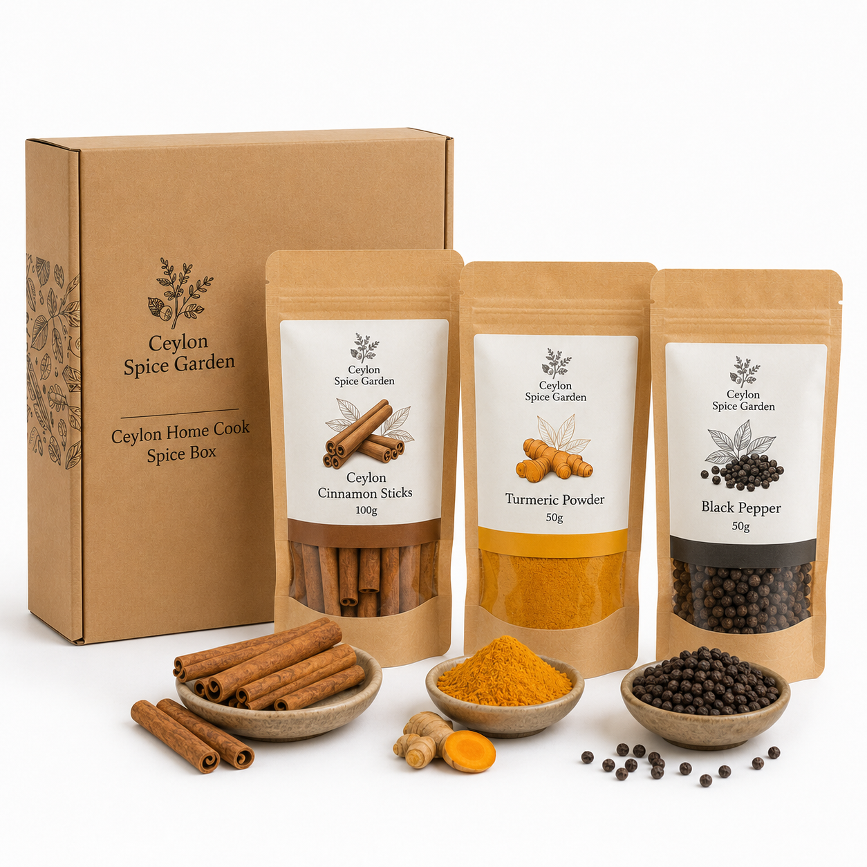 Ceylon Home Cook Spice Box β Cinnamon Sticks, Turmeric & Black Pepper