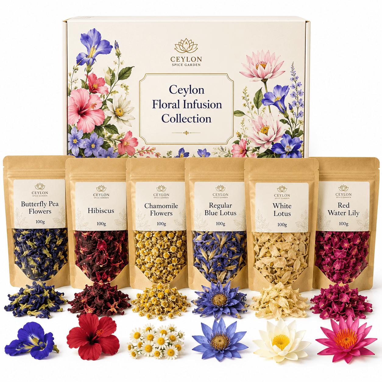 Assorted dried flowers in resealable pouches with labels, including butterfly pea, hibiscus, chamomile, blue lotus, white lotus, and red water lily, for herbal tea infusions