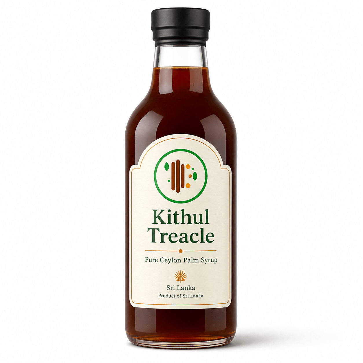 Glass bottle of organic Kithul Treacle with a white label featuring green and brown design elements, Sri Lankan origin, black cap