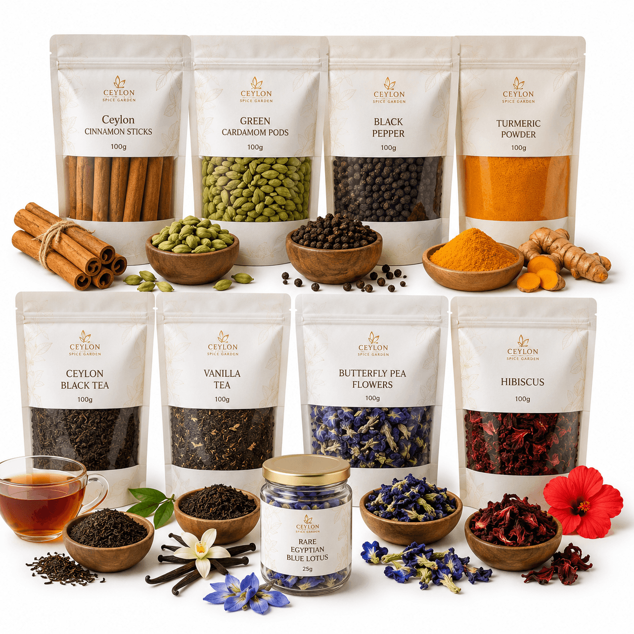 Assorted Sri Lanka organic spices in resealable pouches including cinnamon sticks, cardamom pods, black pepper, turmeric powder, on white background