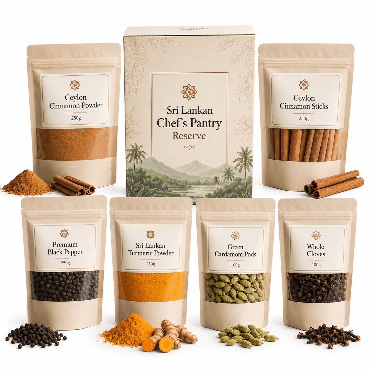 Beige resealable pouch labeled Ceylon Cinnamon Powder with 250g, with cinnamon sticks and powder beside it, part of Sri Lankan spice collection