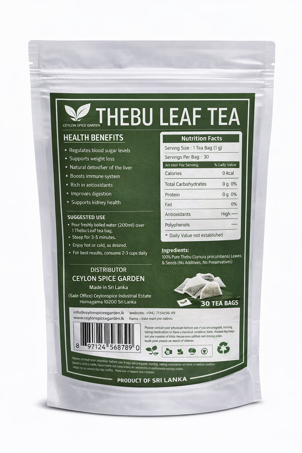 Thebu Leaves Tea | Insulin Plant | Blood Sugar | 30 Bags