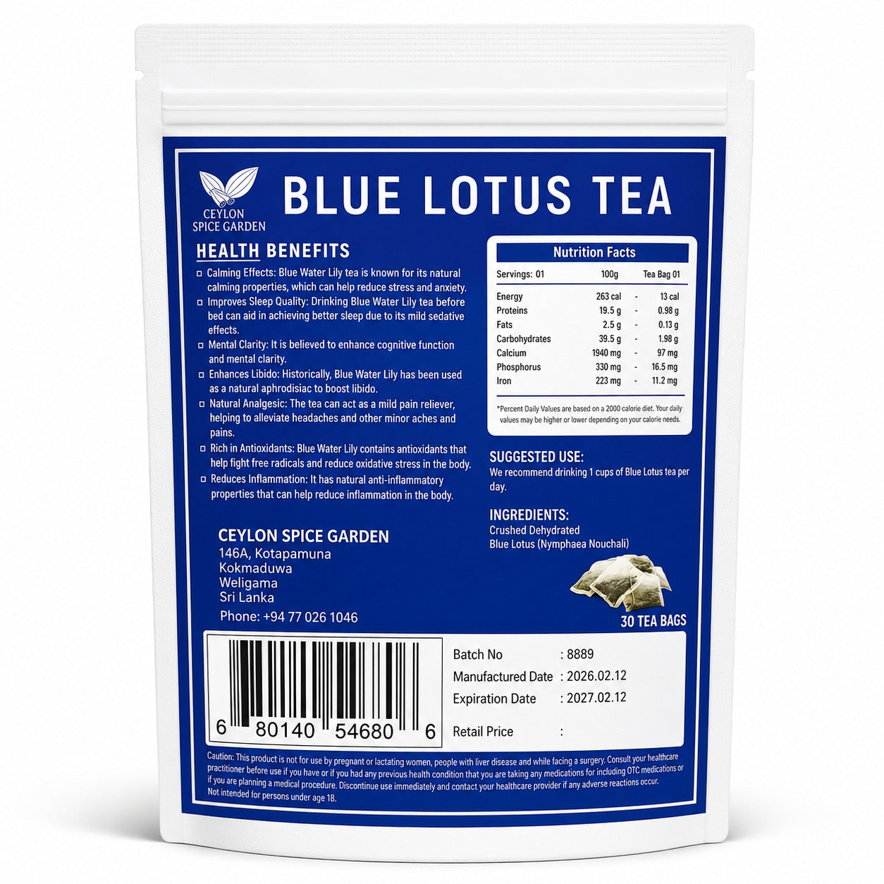 Blue Lotus Tea Bags - 30 Sachets (Nymphaea nouchali)