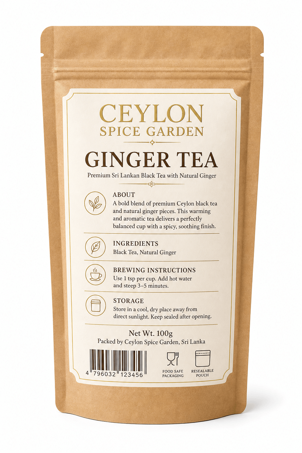 Back view of Ceylon Ginger Tea packaging showing label with brewing instructions, ingredients, barcode, and storage info