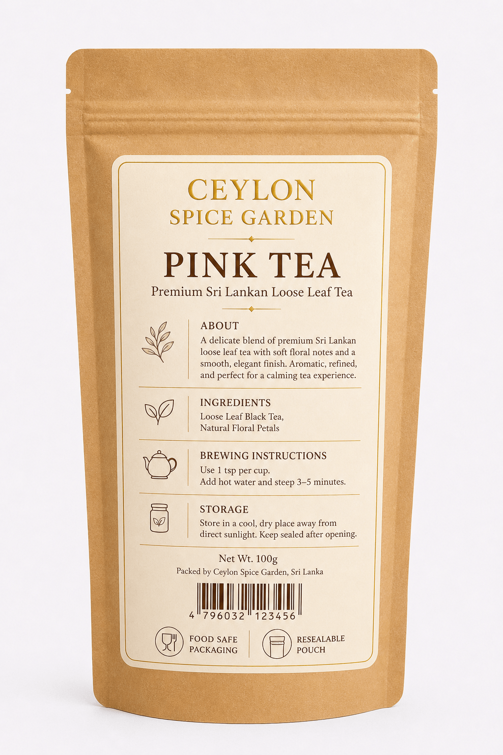 Back view of Ceylon Pink Tea packaging with detailed instructions, ingredients, barcode, and icons for food safe packaging and resealable pouch