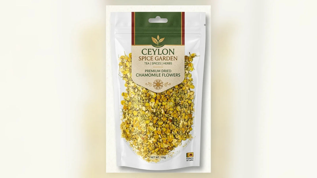 Premium dried chamomile flowers for tea from Ceylon Spice Garden in a 100g pouch