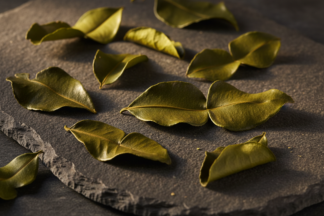 Dried kaffir makrut lime leaves showing the distinctive double-lobed shape