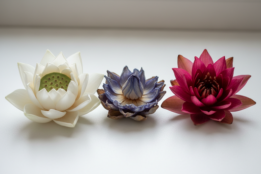Dried white lotus, blue lotus and red water lily flowers side by side