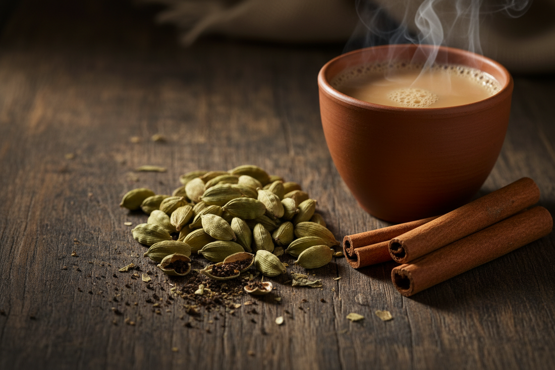  Green cardamom pods with crushed seeds, cinnamon and a cup of chai