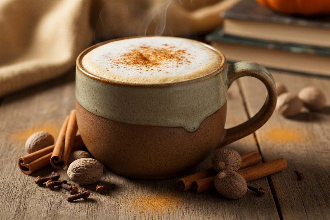 Homemade pumpkin spice chai latte with cinnamon sticks, nutmeg and cloves