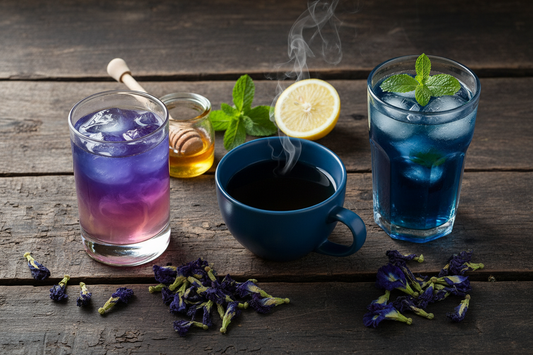 Butterfly pea flower tea changing from blue to purple as lime is added