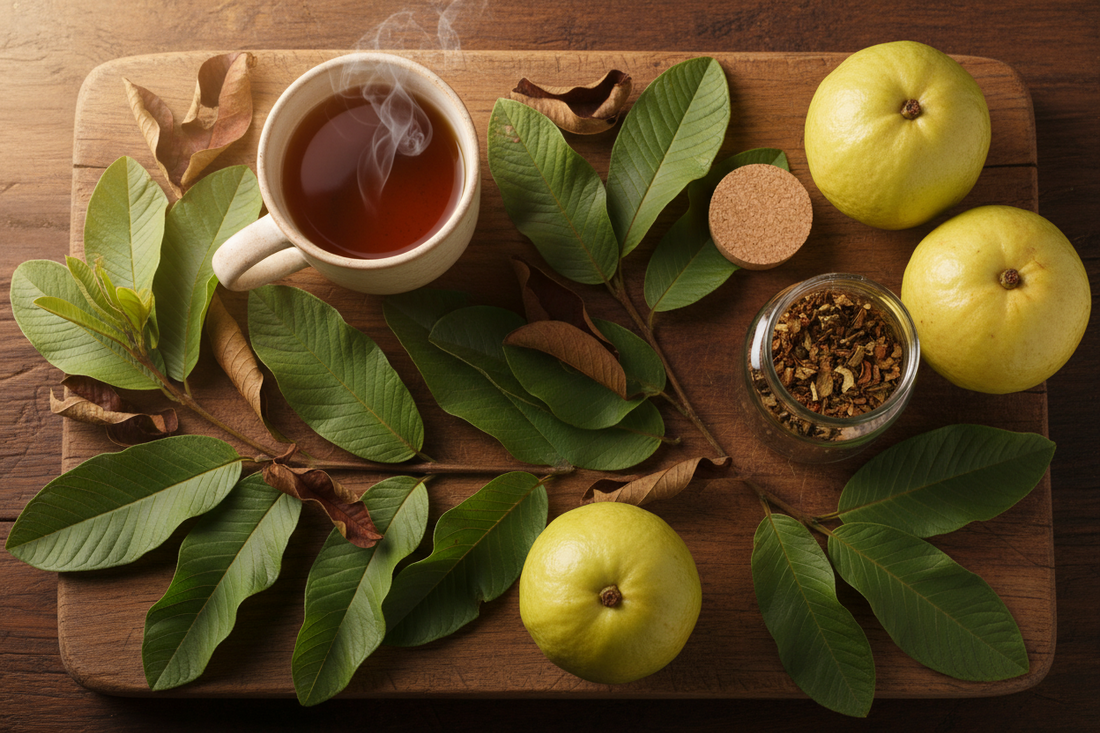 Dried guava leaves and a brewed cup of guava leaf tea