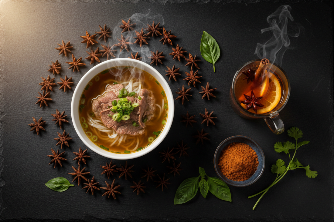 Whole star anise pods with Ceylon cinnamon quills and orange for mulled cider