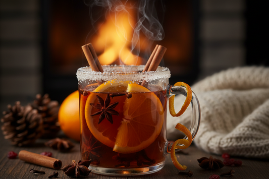  Mulled wine with Ceylon cinnamon sticks, star anise and orange slices