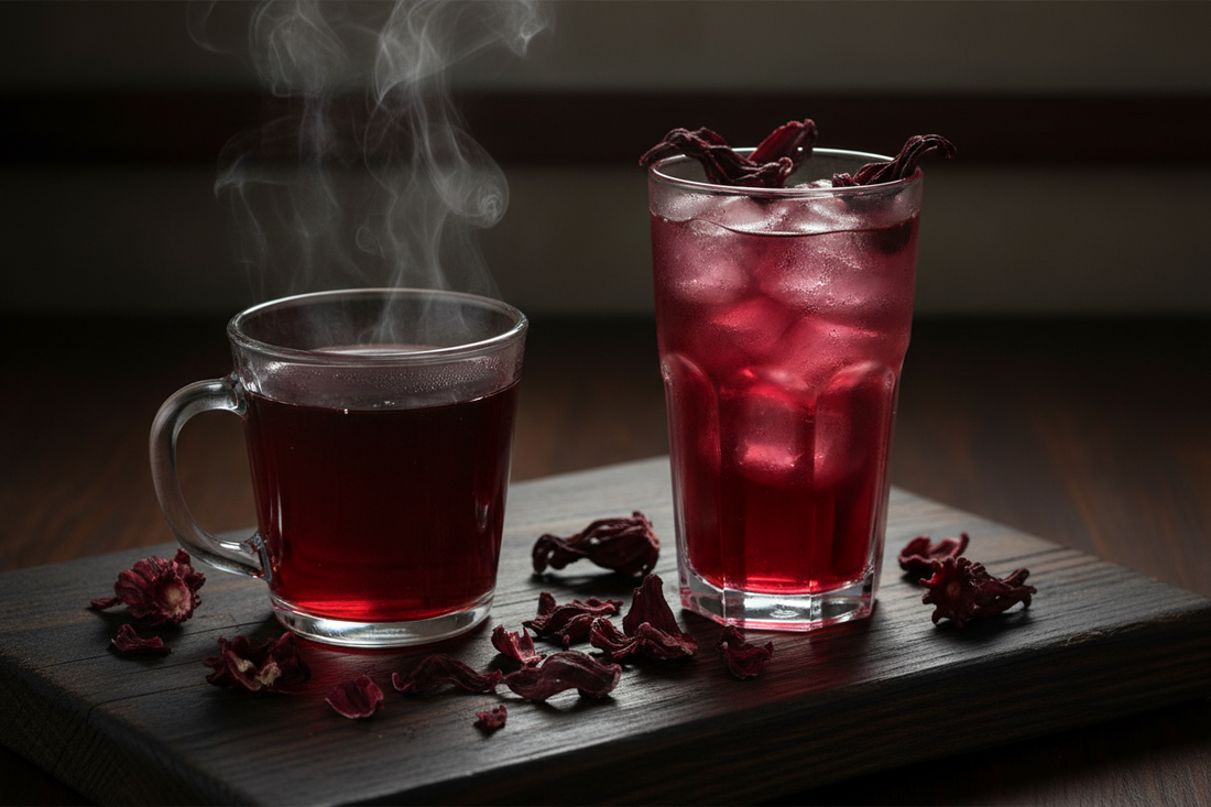 Ruby-red hibiscus tea brewed from dried Ceylon hibiscus flowers, served hot and iced