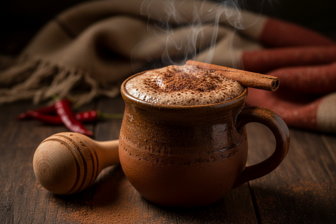 Spiced Mexican-style hot chocolate with a Ceylon cinnamon stick and whisk