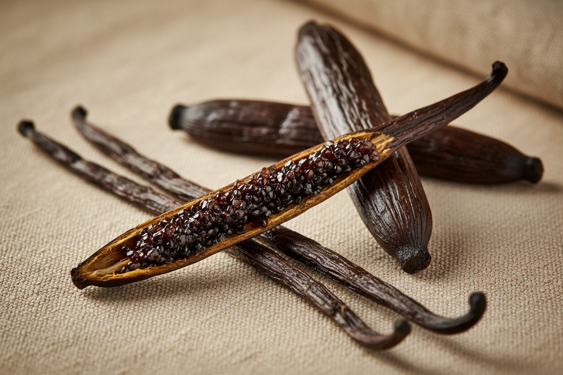 Split Ceylon vanilla bean showing the seed caviar, next to whole pods