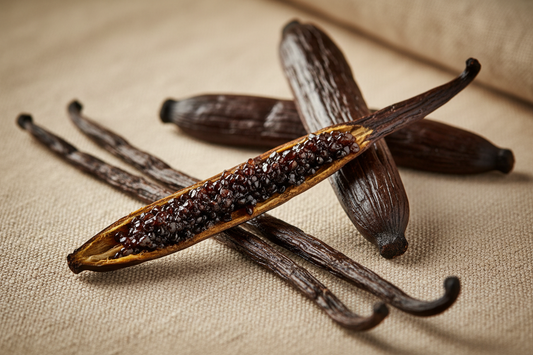 Split Ceylon vanilla bean showing the seed caviar, next to whole pods