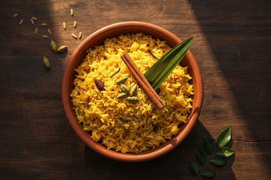 Sri Lankan yellow rice (kaha bath) with cinnamon stick, cardamom and pandan leaf