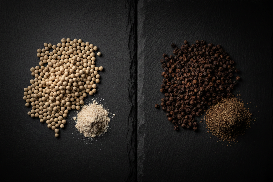 White peppercorns and black peppercorns side by side in wooden bowls