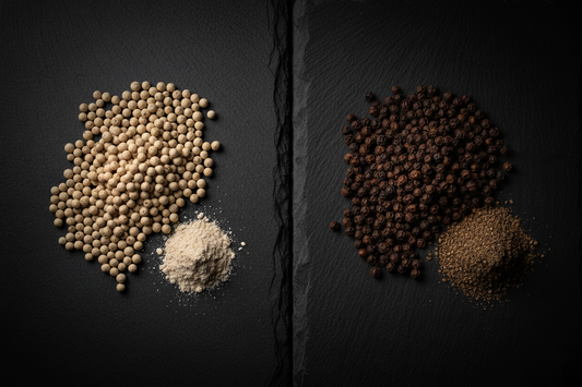 White peppercorns and black peppercorns side by side in wooden bowls