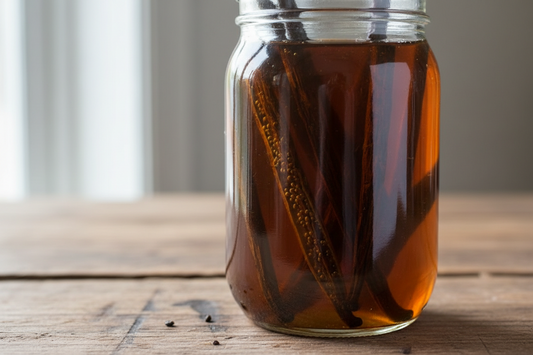 Whole Ceylon vanilla beans steeping in a jar of homemade vanilla extract