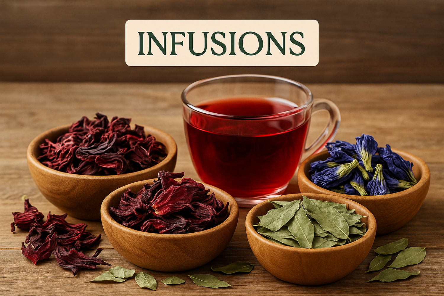 Herbal infusions from Sri Lanka including dried hibiscus flowers, vibrant hibiscus powder, delicate blue lotus petals, and fresh soursop leaves arranged with a glass cup of herbal tea on a rustic wooden surface.