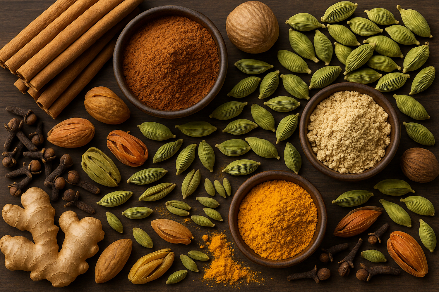 Premium Ceylon herbs and spices including cinnamon sticks, ground cinnamon powder, cardamom pods, nutmeg, mace, cloves, turmeric powder, and fresh ginger arranged on a rustic wooden background.