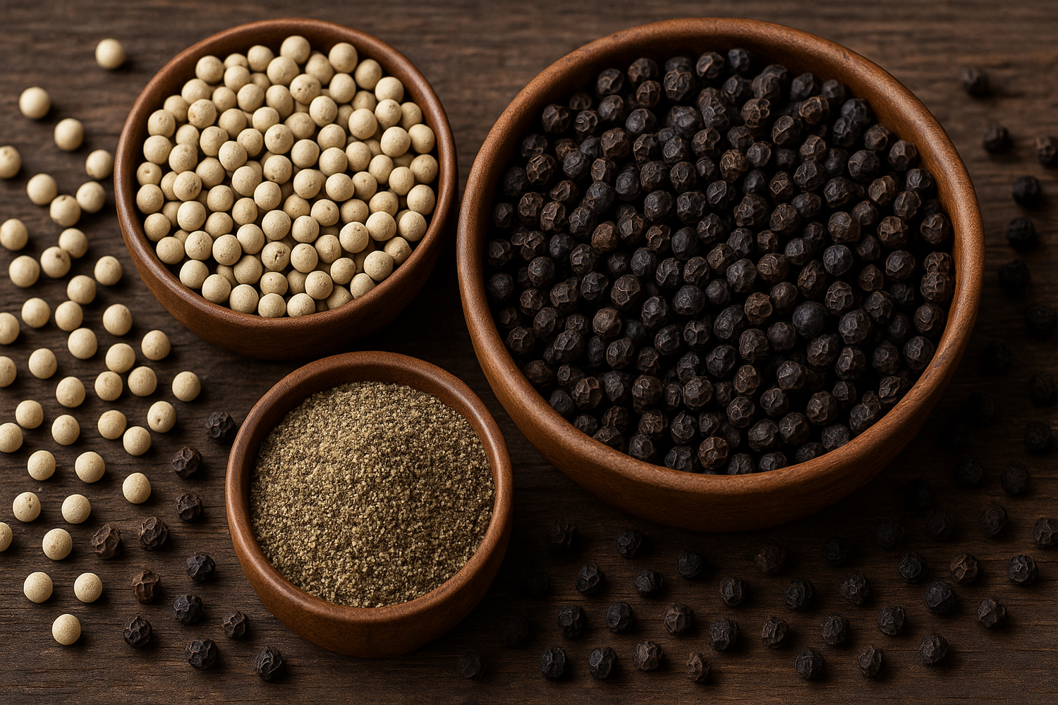 Premium Ceylon pepper selection with bowls of whole black peppercorns, white peppercorns, and freshly ground pepper on a rustic brown surface.