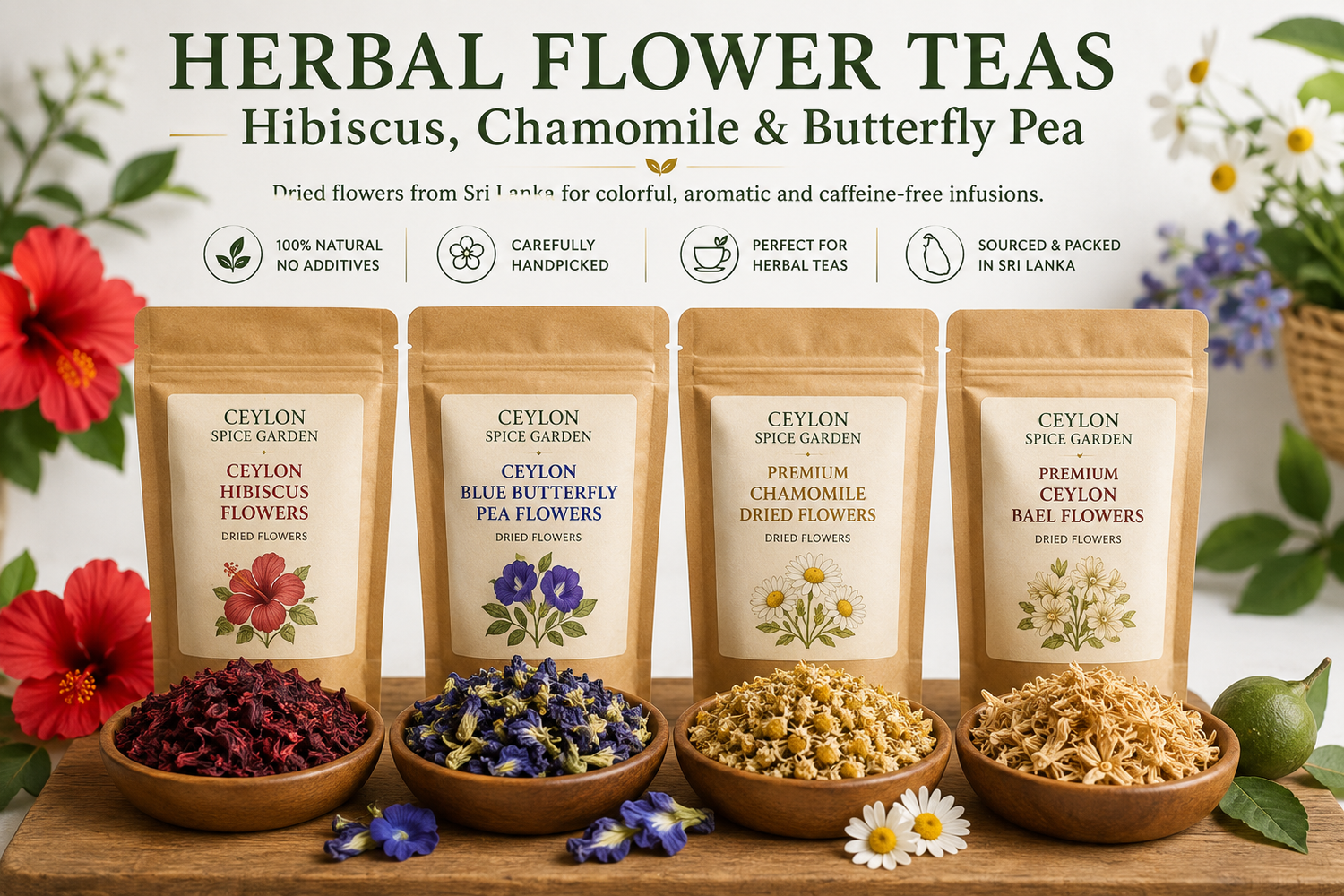 Herbal flower teas from Sri Lanka featuring dried hibiscus, butterfly pea, chamomile and bael flowers