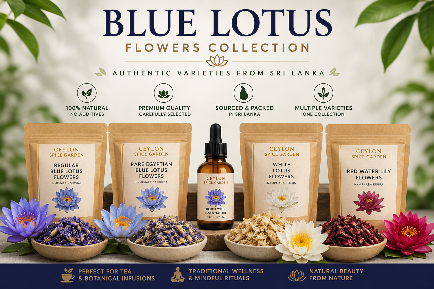 Blue Lotus flower collection with Rare Egyptian Blue Lotus, Regular Blue Lotus, White Lotus and Red Water Lily