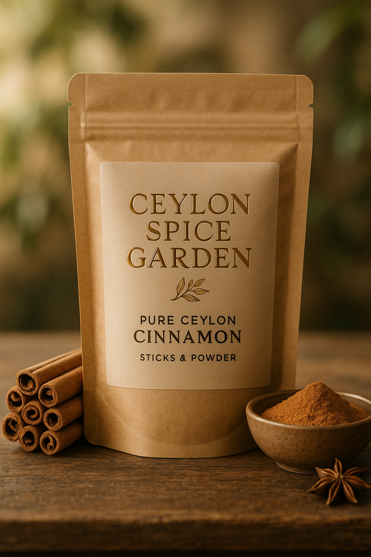 Ceylon Spice Garden packaging with cinnamon sticks and powder on a wooden surface