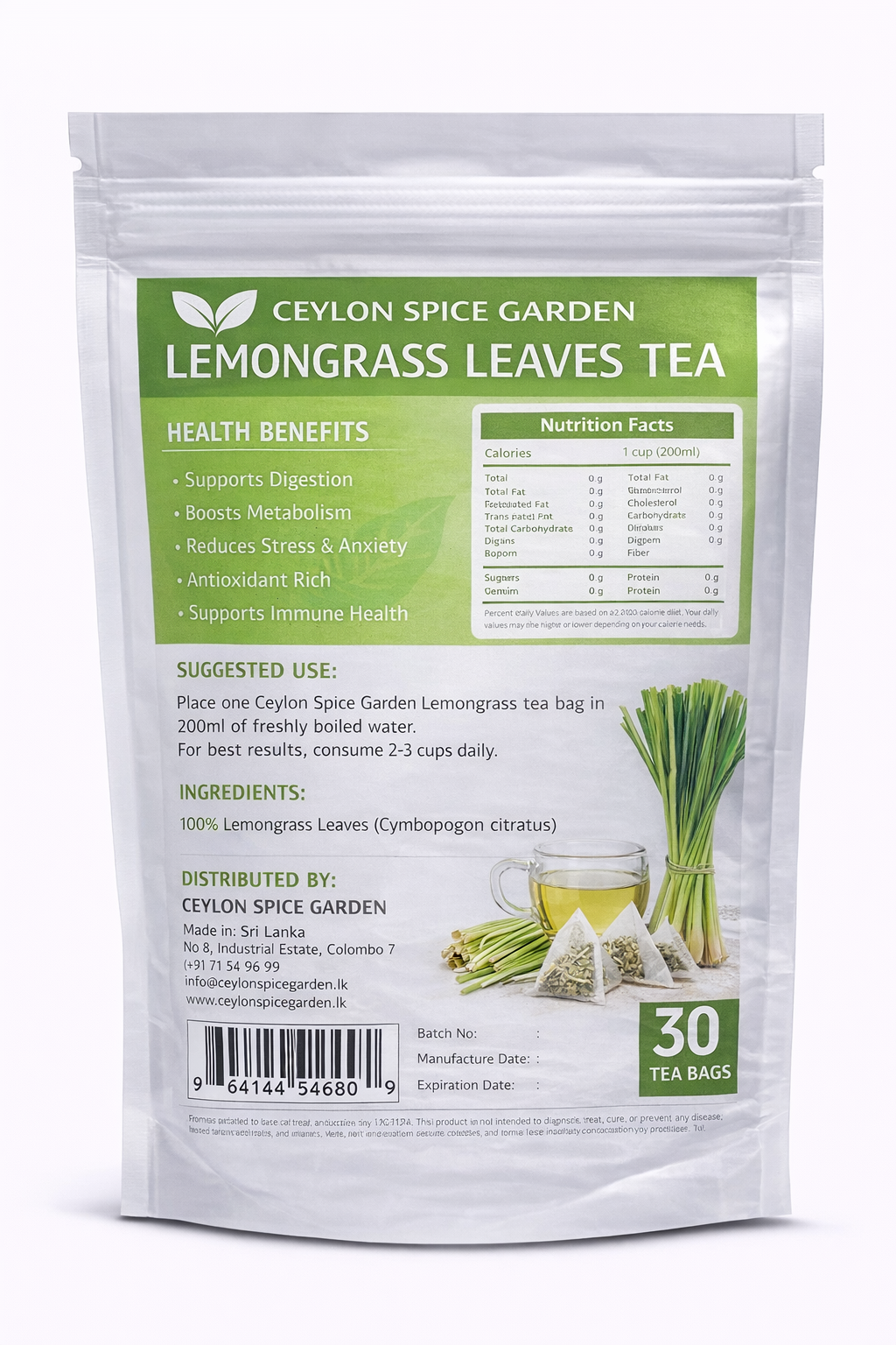 Ceylon Lemongrass Herbal Tea | 30 Bags