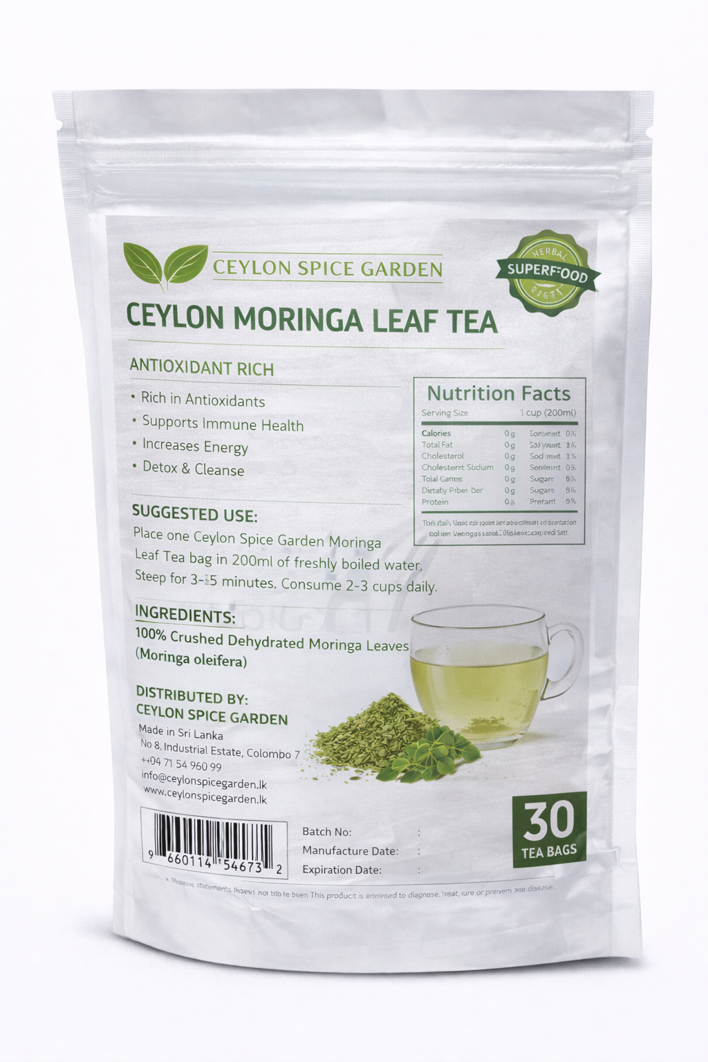 Ceylon Moringa Leaf Tea | Antioxidant Rich, 30 Bags