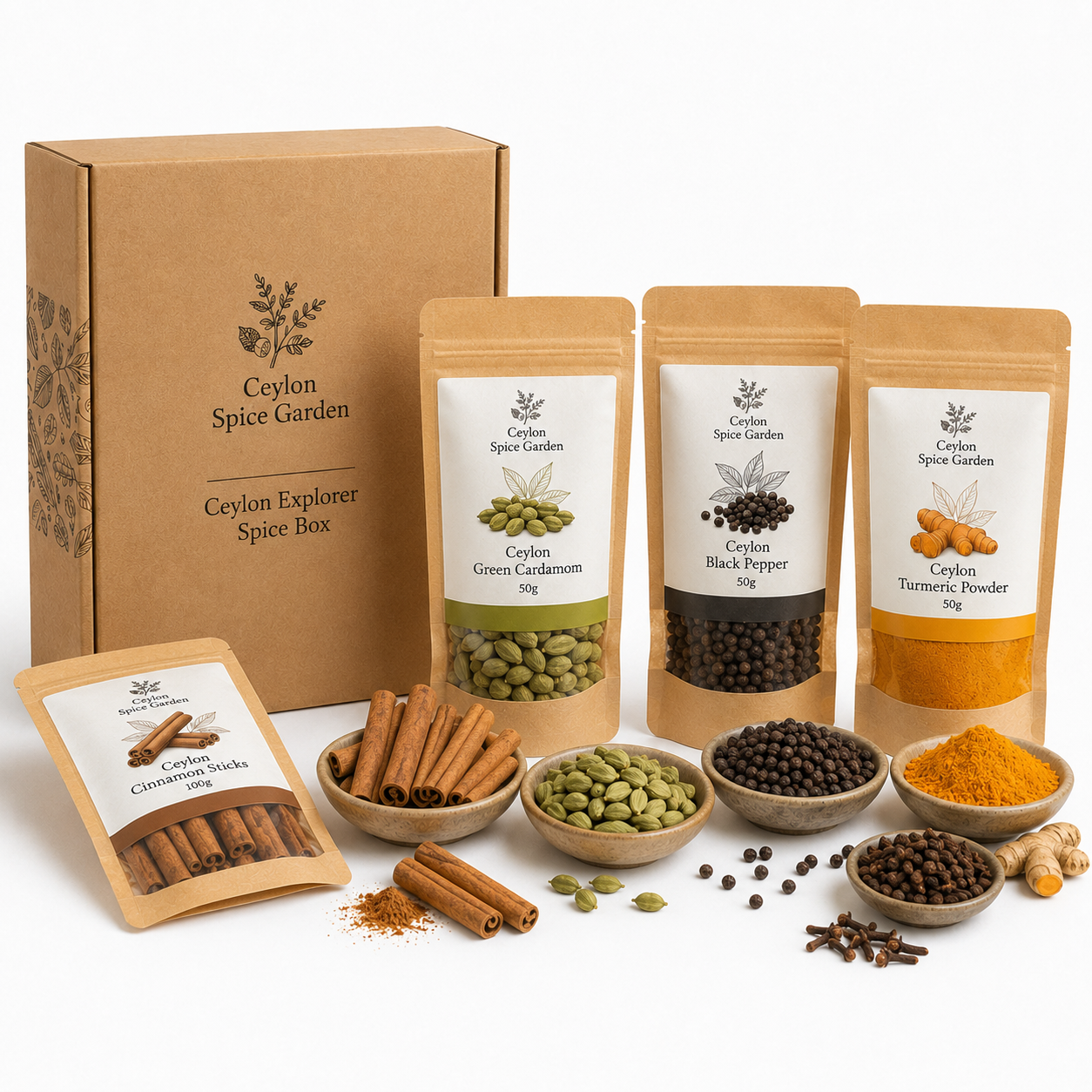 Ceylon Explorer Spice Box – Cinnamon, Cardamom, Pepper, Turmeric & Cloves