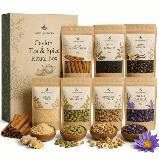 Ceylon Tea & Spice Ritual Box with 7 Sri Lankan organic spice and tea products in kraft paper pouches, including cinnamon sticks, black tea, vanilla tea, ginger powder, green cardamom pods, chamomile flowers, and blue lotus, displayed with fresh ingredients and dried herbs.