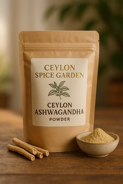 Ceylon Spice Garden Ceylon Ashwagandha powder package on a wooden surface with ashwagandha root and powder.