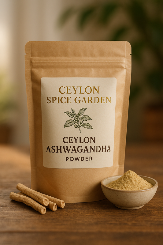 Ceylon Spice Garden Ceylon Ashwagandha powder package on a wooden surface with ashwagandha root and powder.
